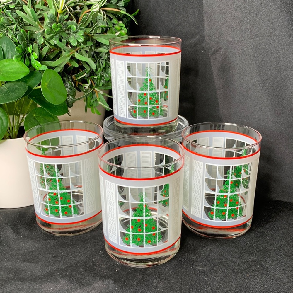 4 VTG WAECHTERSBACH Christmas Tree & window Old Fashioned 12oz Low Ball glasses